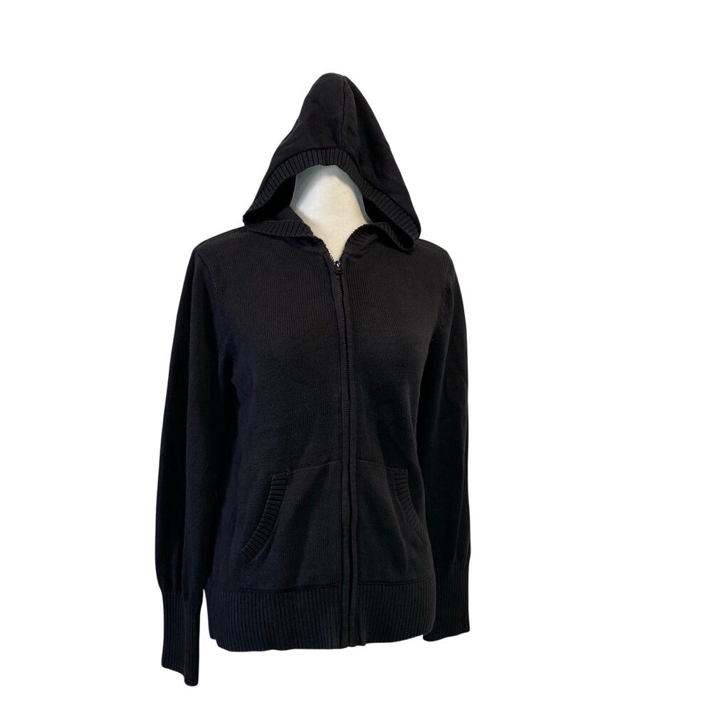 Lands End Women’s Hoodie Knit Sweater size Small Full Zip Black Cotton Blend